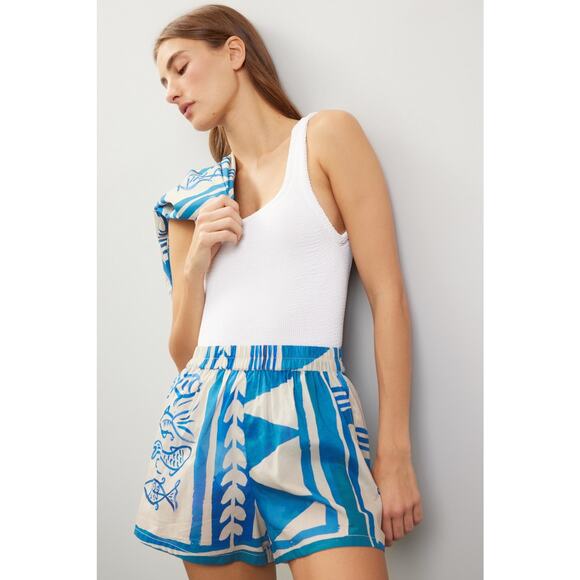 SOLEIL SOLEIL Blue Graphic Print 100% Cotton Pull-On Overswim Shorts size 1 - Picture 1 of 10